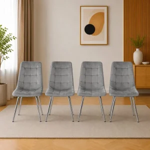 Set 4 scaune bucatarie/living, Artool, Cieza, catifea gri deschis, picioare metal argintiu, 49x60x87 cm