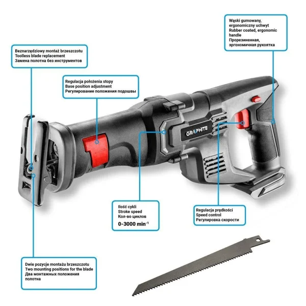 Fierastrau tip sabie, 18V Li-ion (acumulator neinclus), 22 mm, Graphite Energy