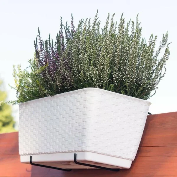 Jardiniera decorativa, Prosperplast, imitatie ratan, suport, alba, 49.2x17.2x17.4 cm, Old