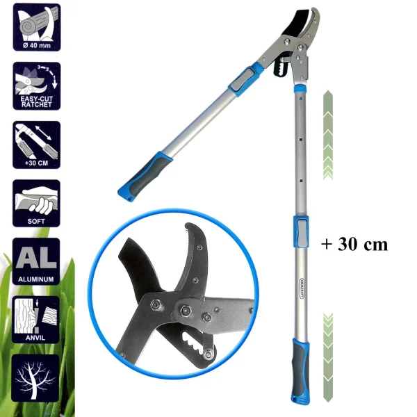 Foarfeca crengi, tip nicovala, cu clichet, maner aluminiu telescopic, 73.3 cm, Aquacraft