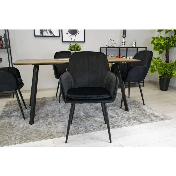 Scaun stil fotoliu bucatarie/living, Artool, Lugo, catifea neagra, picioare metal negru, 57.5x56.5x86.5 cm