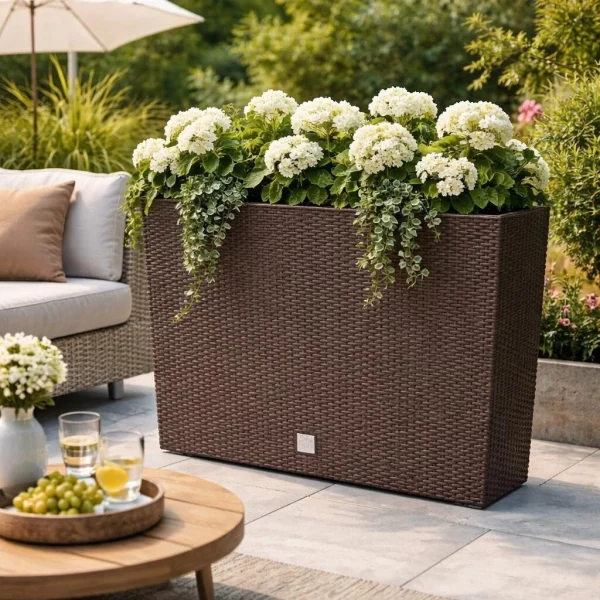 Jardiniera decorativa, imitatie ratan, maro, 58x18x49.8 cm, Rato Case