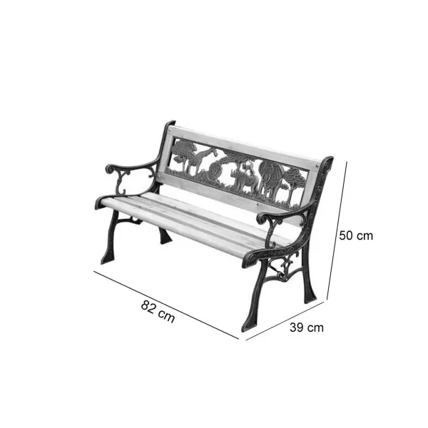 Banca de gradina pentru copii, sezut din lemn, structura metalica, spatar decorativ, 82x39x50 cm, lemn natural si verde, Jumanji