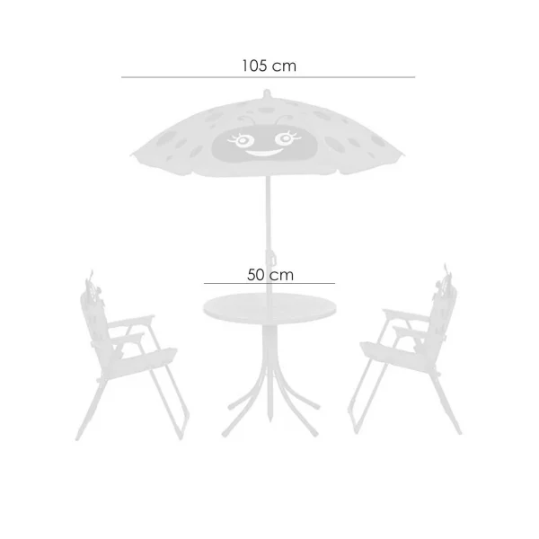 Set mobilier gradina/terasa pentru copii, pliabil, rosu, model buburuza, 1 masa cu umbrela, 2 scaune, Melisenda