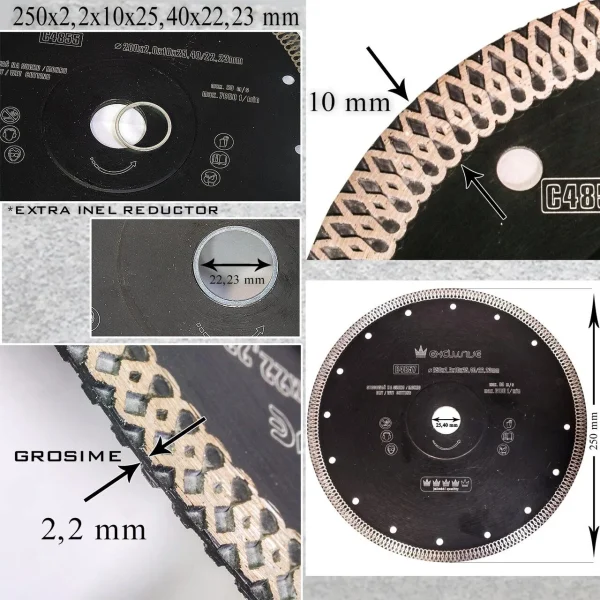 Disc diamantat turbo subtire, placi ceramice, taiere umeda si uscata, 250 mm/25.4 mm, Richmann Exclusive
