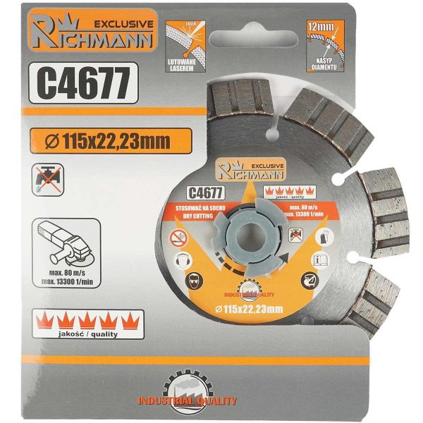 Disc diamantat segmentat, beton armat, caramida, taiere uscata, 115 mm/22.23 mm, Richmann Exclusive