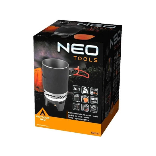 Aragaz camping, portabil, cu gaz, aprindere piezo, 3 in 1, 2200 W, inox, cu oala, NEO