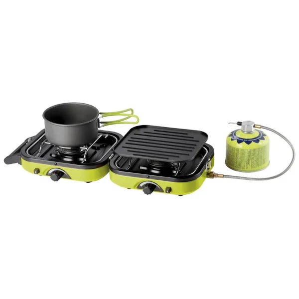 Aragaz camping, portabil, Meva, 2 in 1, doua arzatoare, cu plita, pentru doza de gaz de 230/450 g