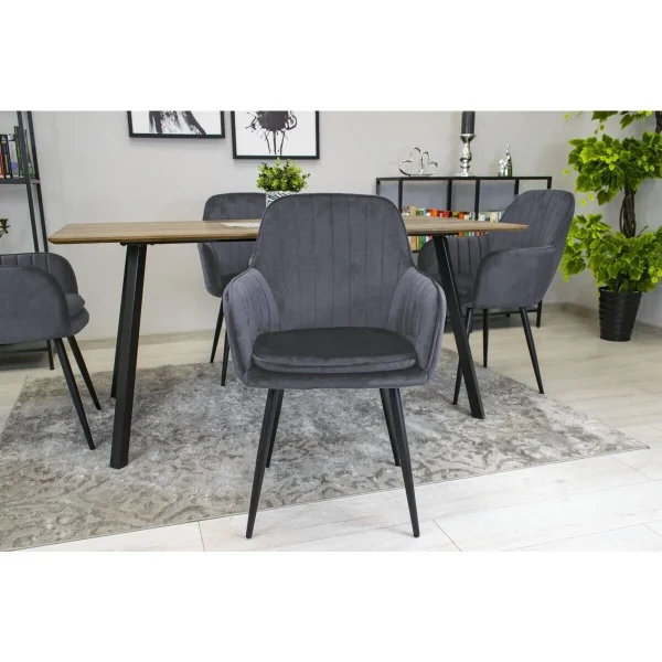 Scaun stil fotoliu bucatarie/living, Artool, Lugo, catifea gri, picioare metal negru, 57.5x56.5x86.5 cm