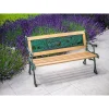 Banca de gradina pentru copii, sezut din lemn, structura metalica, spatar decorativ, 82x39x50 cm, lemn natural si verde, Jumanji
