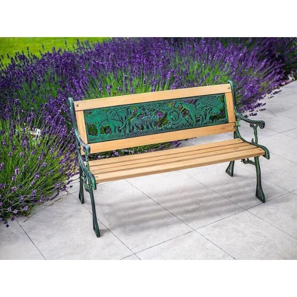 Banca de gradina pentru copii, sezut din lemn, structura metalica, spatar decorativ, 82x39x50 cm, lemn natural si verde, Jumanji
