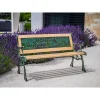 Banca de gradina pentru copii, sezut din lemn, structura metalica, spatar decorativ, 82x39x50 cm, lemn natural si verde, Jumanji