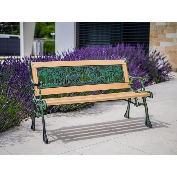 Banca de gradina pentru copii, sezut din lemn, structura metalica, spatar decorativ, 82x39x50 cm, lemn natural si verde, Jumanji