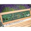 Banca de gradina pentru copii, sezut din lemn, structura metalica, spatar decorativ, 82x39x50 cm, lemn natural si verde, Jumanji