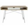 Birou calculator, Jumi, placa MDF, otel, cu sertar, rafturi laterale, alb si natur, 120x48x76 cm