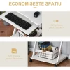 Birou calculator, pe roti, metal, pal, cu raft tastatura, alb, max 30 kg, 60x48x73 cm