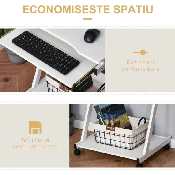 Birou calculator, pe roti, metal, pal, cu raft tastatura, alb, max 30 kg, 60x48x73 cm