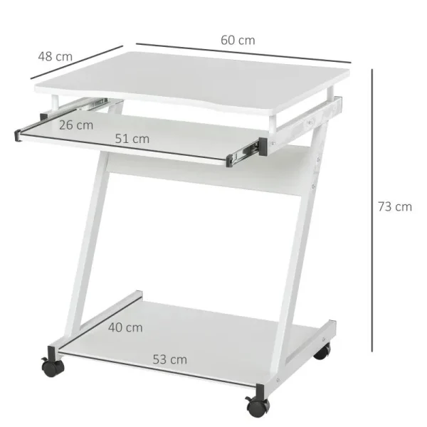 Birou calculator, pe roti, metal, pal, cu raft tastatura, alb, max 30 kg, 60x48x73 cm