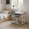 Set birou reglabil pentru copii cu scaun ergonomic, lampa LED USB, blat inclinabil, suport carti si organizator, 70 x 51 cm, culoare gri/alb, pentru scolari si