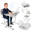 Set birou reglabil pentru copii cu scaun ergonomic, lampa LED USB, blat inclinabil, suport carti si organizator, 70 x 51 cm, culoare gri/alb, pentru scolari si