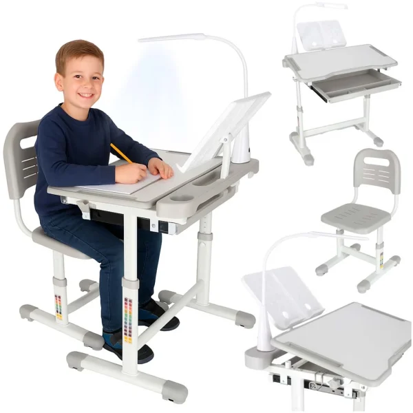 Set birou reglabil pentru copii cu scaun ergonomic, lampa LED USB, blat inclinabil, suport carti si organizator, 70 x 51 cm, culoare gri/alb, pentru scolari si