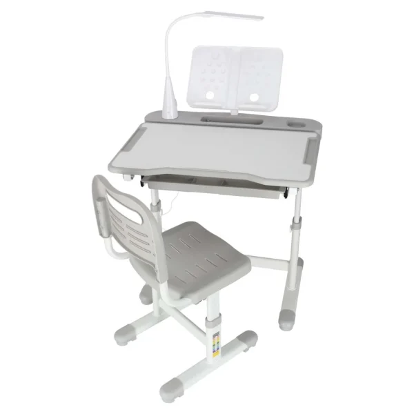 Set birou reglabil pentru copii cu scaun ergonomic, lampa LED USB, blat inclinabil, suport carti si organizator, 70 x 51 cm, culoare gri/alb, pentru scolari si