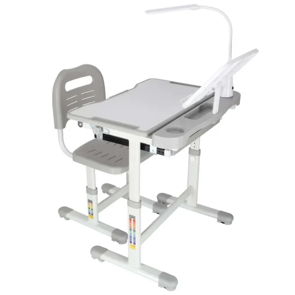 Set birou reglabil pentru copii cu scaun ergonomic, lampa LED USB, blat inclinabil, suport carti si organizator, 70 x 51 cm, culoare gri/alb, pentru scolari si