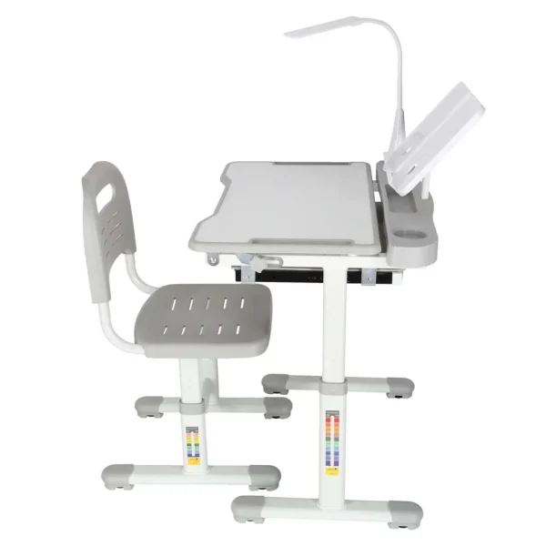 Set birou reglabil pentru copii cu scaun ergonomic, lampa LED USB, blat inclinabil, suport carti si organizator, 70 x 51 cm, culoare gri/alb, pentru scolari si