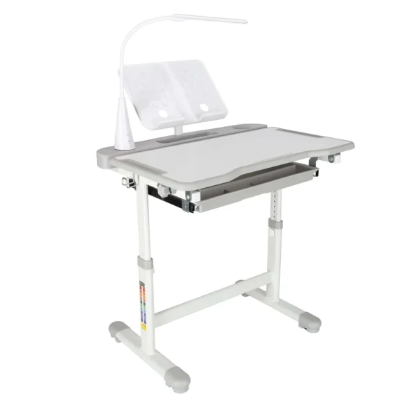 Set birou reglabil pentru copii cu scaun ergonomic, lampa LED USB, blat inclinabil, suport carti si organizator, 70 x 51 cm, culoare gri/alb, pentru scolari si