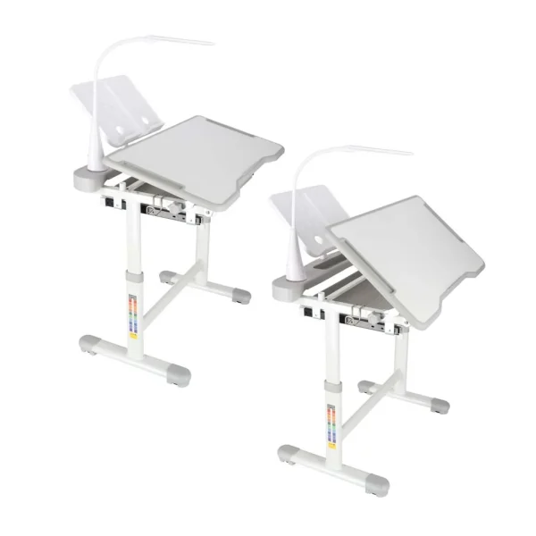 Set birou reglabil pentru copii cu scaun ergonomic, lampa LED USB, blat inclinabil, suport carti si organizator, 70 x 51 cm, culoare gri/alb, pentru scolari si