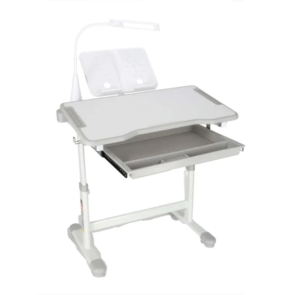 Set birou reglabil pentru copii cu scaun ergonomic, lampa LED USB, blat inclinabil, suport carti si organizator, 70 x 51 cm, culoare gri/alb, pentru scolari si