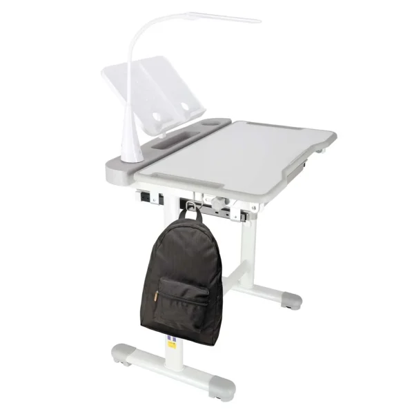 Set birou reglabil pentru copii cu scaun ergonomic, lampa LED USB, blat inclinabil, suport carti si organizator, 70 x 51 cm, culoare gri/alb, pentru scolari si