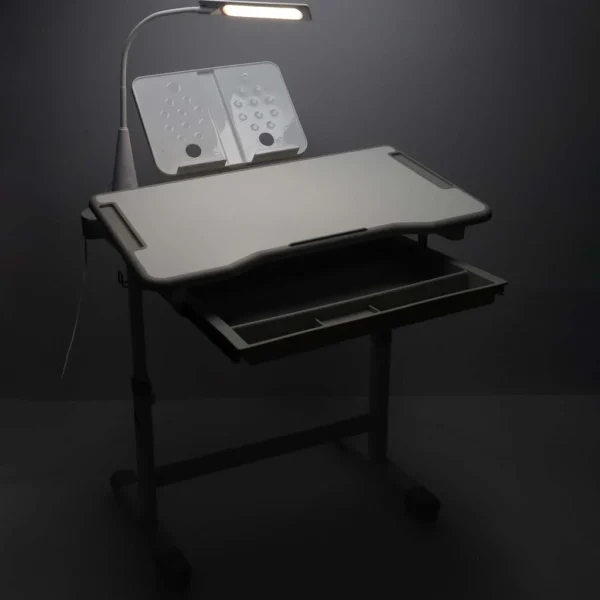 Set birou reglabil pentru copii cu scaun ergonomic, lampa LED USB, blat inclinabil, suport carti si organizator, 70 x 51 cm, culoare gri/alb, pentru scolari si