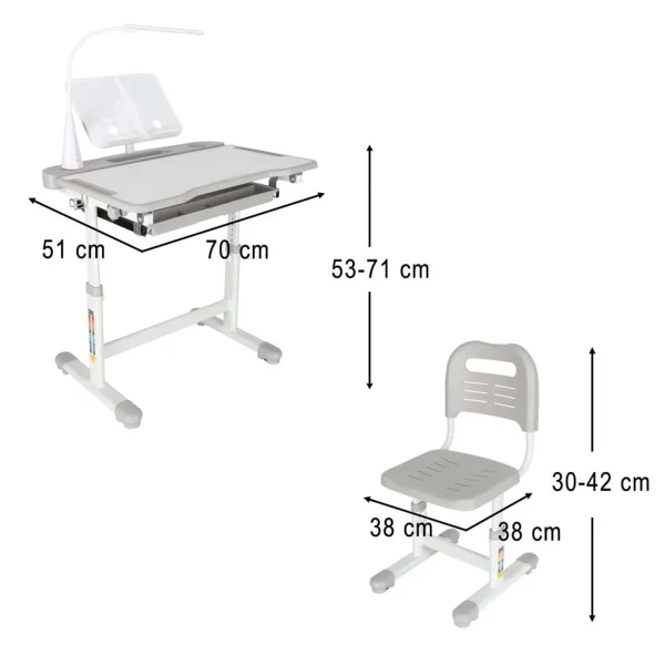 Set birou reglabil pentru copii cu scaun ergonomic, lampa LED USB, blat inclinabil, suport carti si organizator, 70 x 51 cm, culoare gri/alb, pentru scolari si