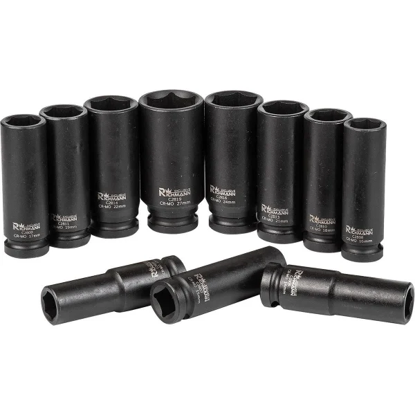 Set capete tubulare de impact lungi, sertar TIP A (385x150 mm) pentru dulap mobil, 13-27 mm, 1/2", 11 buc, Richmann exclusive