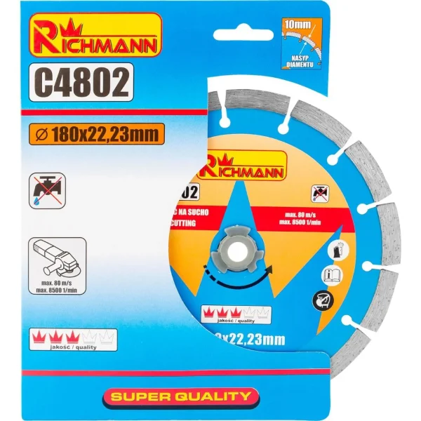 Disc diamantat segmentat, beton, taiere uscata, 180 mm/22.23 mm, Richmann