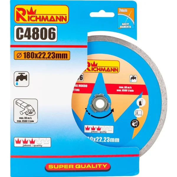 Disc diamantat continuu, placi ceramice, taiere umeda, 180 mm/22.23 mm, Richmann