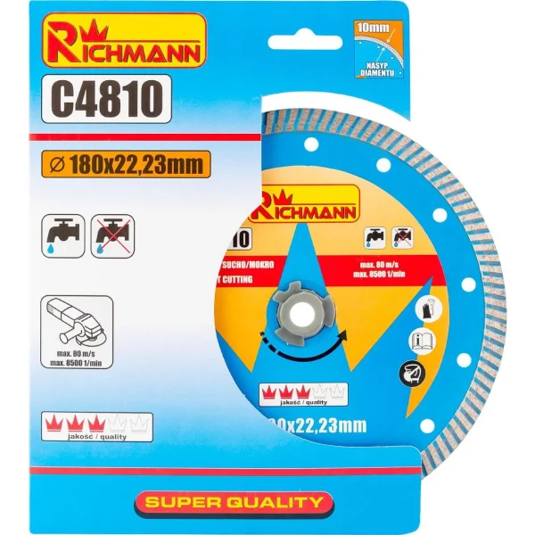 Disc diamantat turbo, beton, taiere umeda si uscata, 180 mm/22.23 mm, Richmann