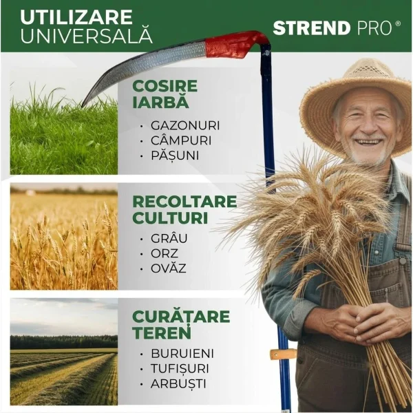 Coasa manuala forjata, 700 mm – lama batuta pentru cosit fan, iarba si buruieni, otel durabil, Strend Pro