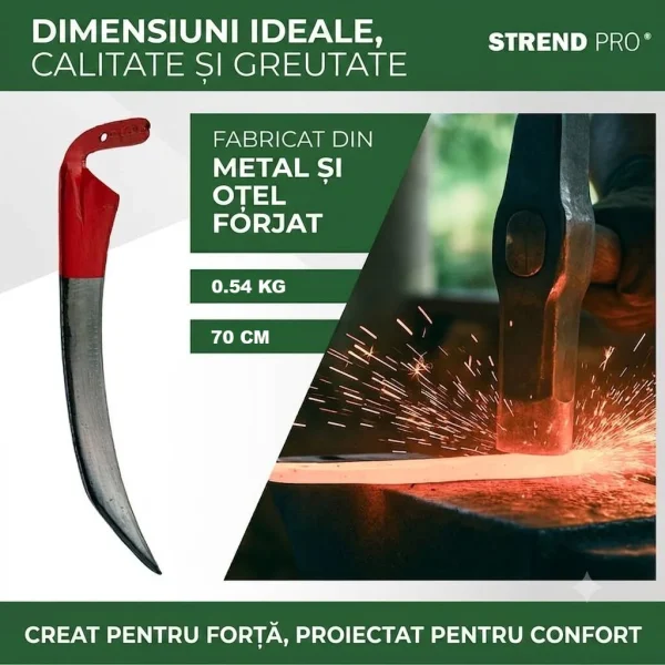 Coasa manuala forjata, 700 mm – lama batuta pentru cosit fan, iarba si buruieni, otel durabil, Strend Pro