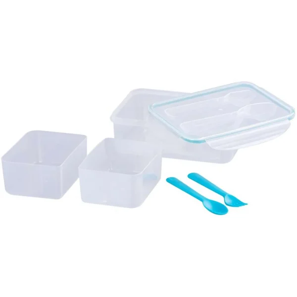 Cutie/caserola alimente, plastic, etansa, albastru, 2 compartiment, cu lingura si furculita, 1.5 L, 22x15.2x7.6 cm, MagicHome
