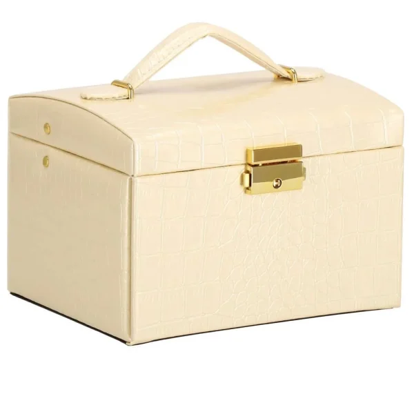 Cutie pentru bijuterii, MDF, piele ecologica si catifea, crem si roz, cu oglinda, 17.5x14x12.5 cm, Springos