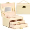 Cutie pentru bijuterii, MDF, piele ecologica si catifea, crem si roz, cu oglinda, 17.5x14x12.5 cm, Springos