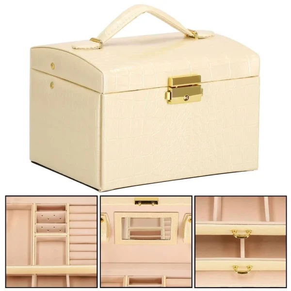 Cutie pentru bijuterii, MDF, piele ecologica si catifea, crem si roz, cu oglinda, 17.5x14x12.5 cm, Springos