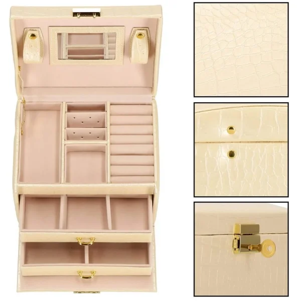Cutie pentru bijuterii, MDF, piele ecologica si catifea, crem si roz, cu oglinda, 17.5x14x12.5 cm, Springos