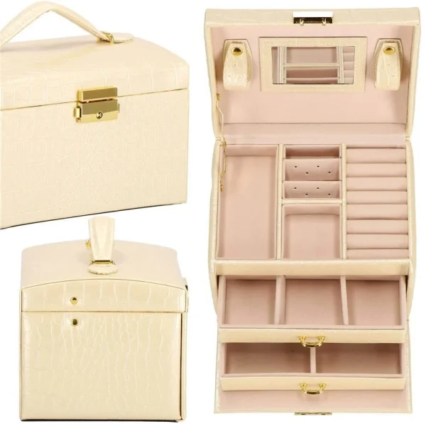 Cutie pentru bijuterii, MDF, piele ecologica si catifea, crem si roz, cu oglinda, 17.5x14x12.5 cm, Springos