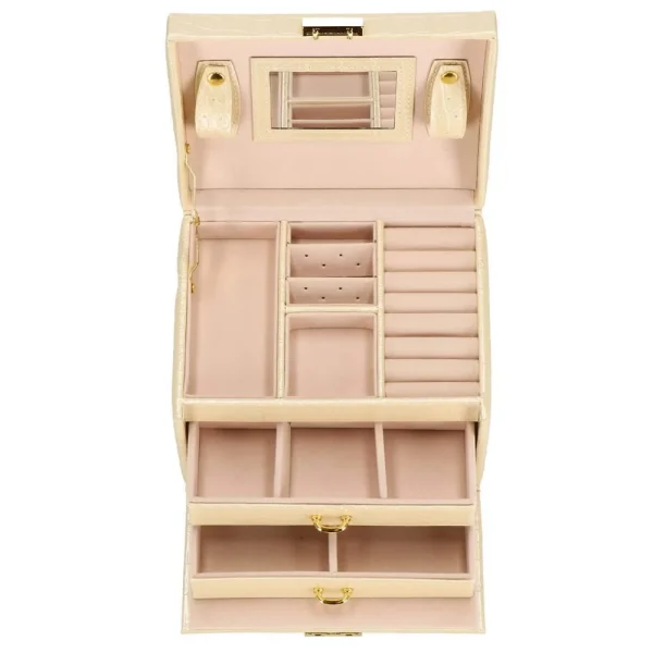 Cutie pentru bijuterii, MDF, piele ecologica si catifea, crem si roz, cu oglinda, 17.5x14x12.5 cm, Springos