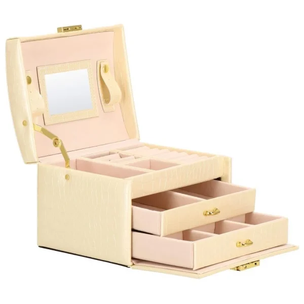 Cutie pentru bijuterii, MDF, piele ecologica si catifea, crem si roz, cu oglinda, 17.5x14x12.5 cm, Springos