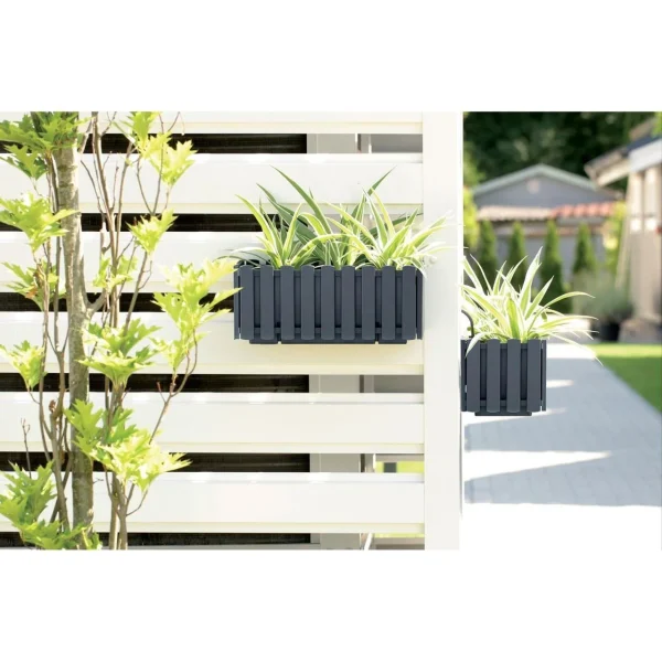 Jardiniera decorativa, suport metalic, sistem irigare, antracit, 58x18x16.2 cm, Boardee Fencycase W Old
