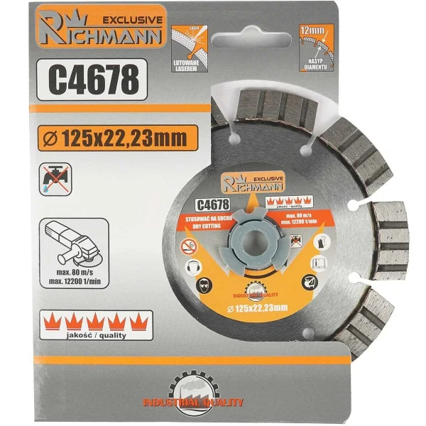 Disc diamantat segmentat, beton armat, caramida, taiere uscata, 125 mm/22.23 mm, Richmann Exclusive